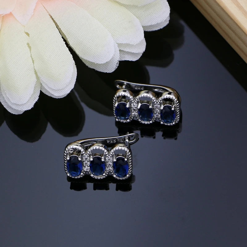 Silver 925 Jewelry Sets Blue Natural Cubic Zirconia Costume Jewelry Kits Indian Jewelry for Women Necklace Set Hoop Earrings