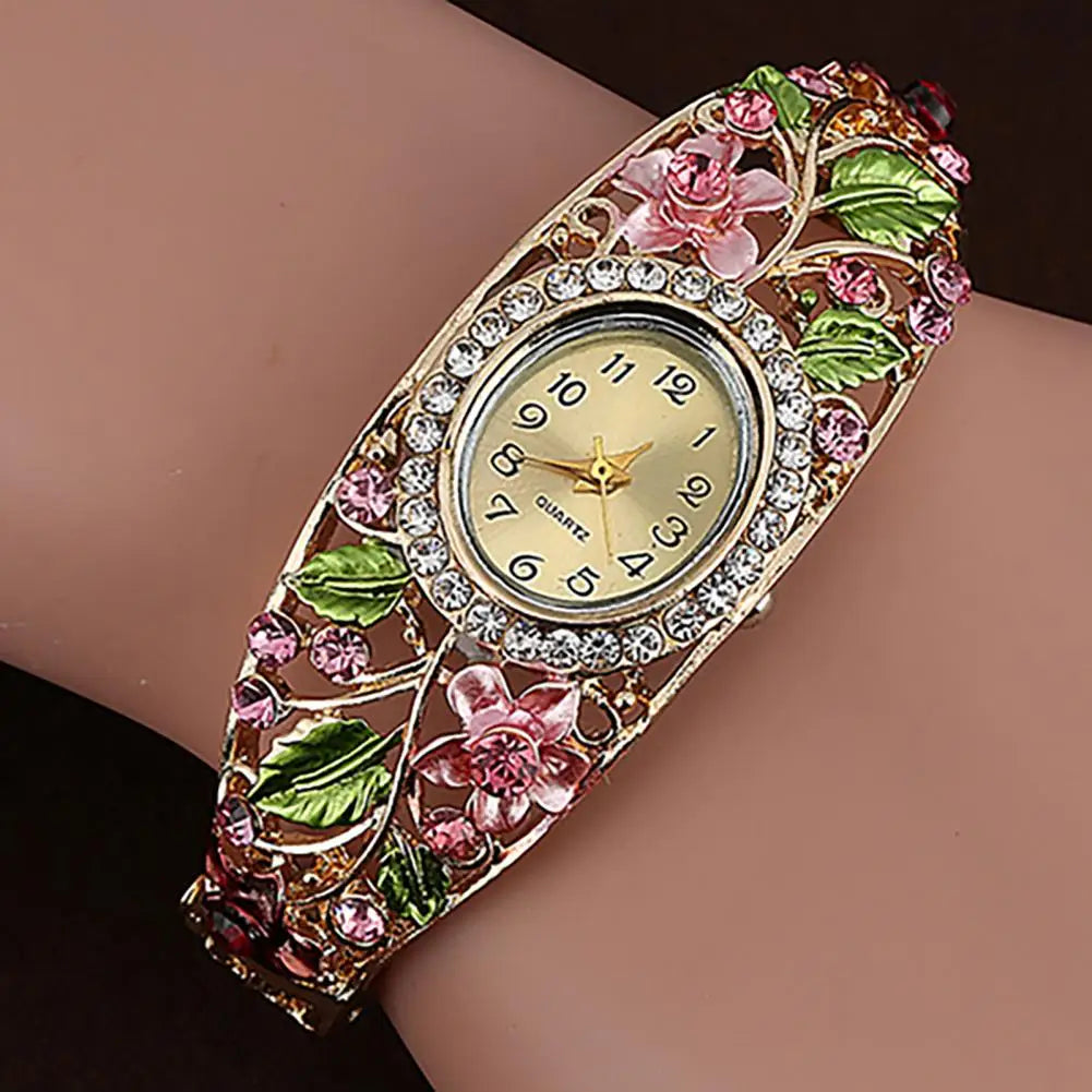 Quartz Watch Bangle Dress Watch Vintage Faux Crystal Alloy Pretty Floral Pattern Bracelet Watch for Casual