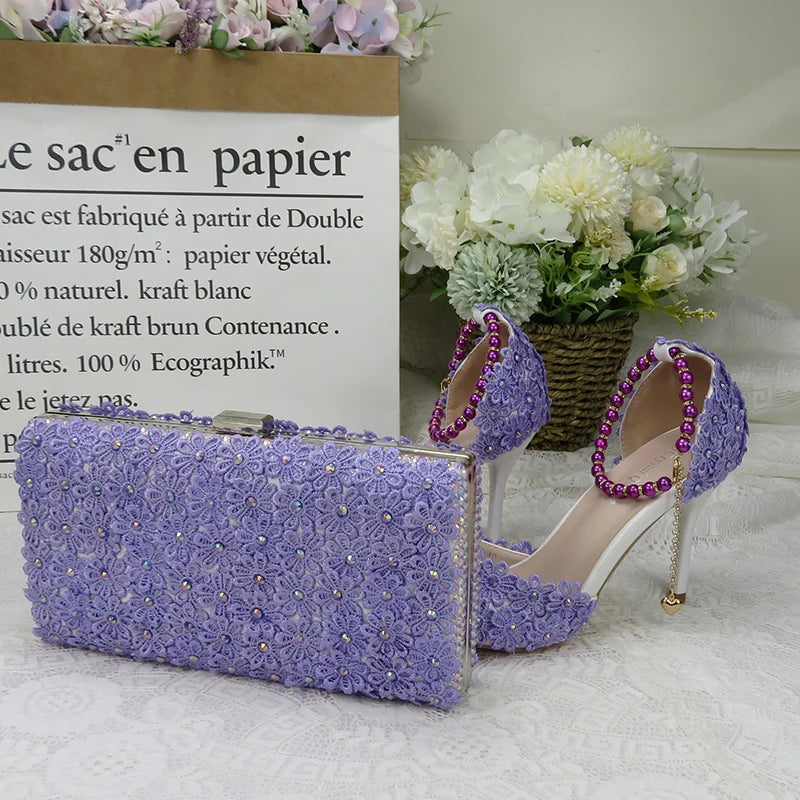 Violet  Flower Wedding Shoes With Matching Bags High Heels Pointed Toe Beading Ankle Strap Ladies Party shoe and bag set Shoe