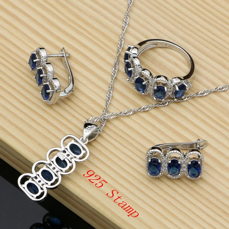 Silver 925 Jewelry Sets Blue Natural Cubic Zirconia Costume Jewelry Kits Indian Jewelry for Women Necklace Set Hoop Earrings