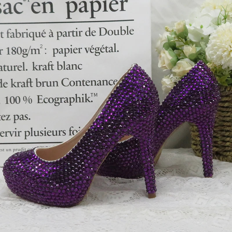 Dark Purple Crystal wedding shoes with matching bags bride party dress High heels platform shoes Round Toe High Pumps and Purse