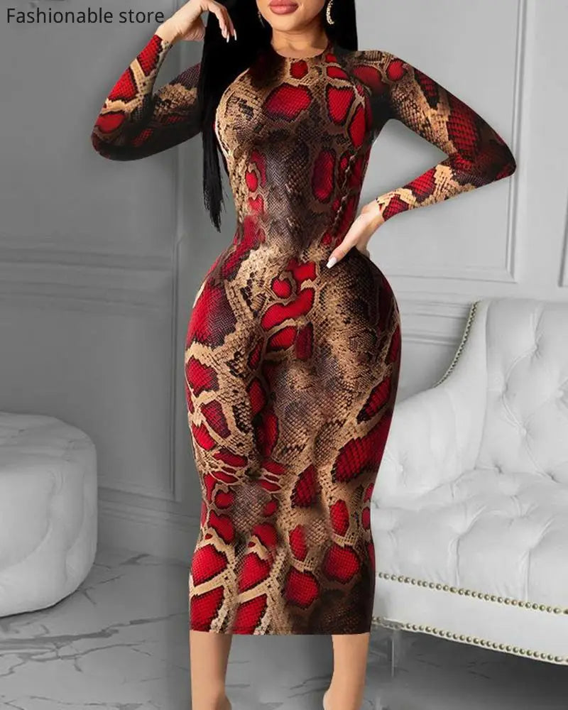 Women Fashion Elegant Beautiful Snakeskin Long Sleeve Skinny Midi Dress