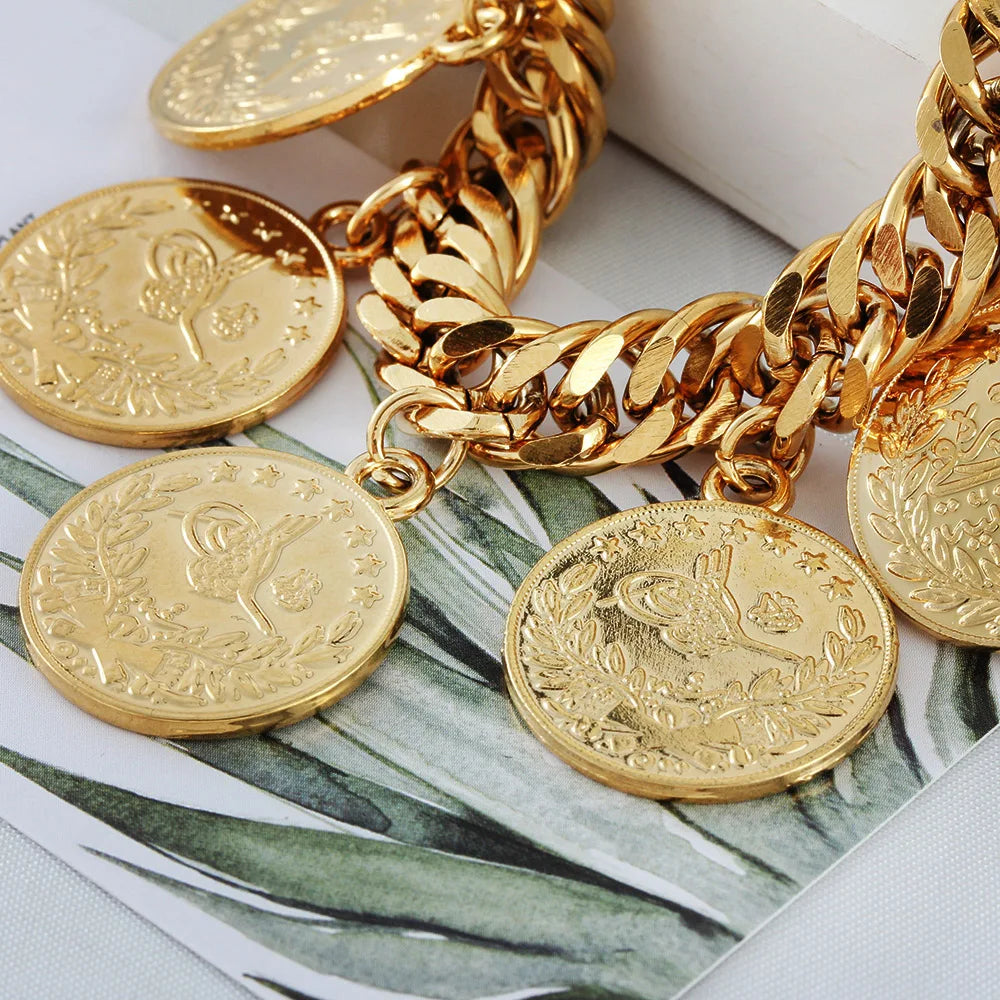 Turkish Couple Round Coin Bracelet Golden  Bracelet 21cm Fashion Charm Jewelry for Ocassions