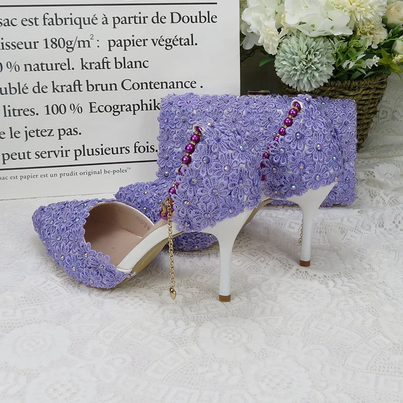 Violet  Flower Wedding Shoes With Matching Bags High Heels Pointed Toe Beading Ankle Strap Ladies Party shoe and bag set Shoe