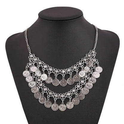 Retro Carved Coin Tassel Statement Necklace Women Boho Double layers Choker Necklaces Pendants New Women Jewelry Collares