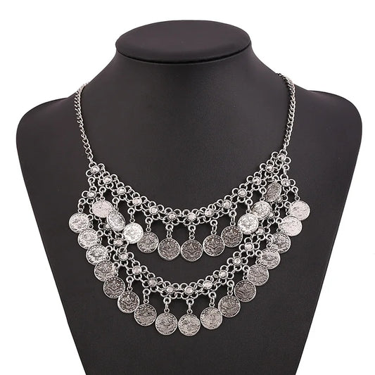 Retro Carved Coin Tassel Statement Necklace Women Boho Double layers Choker Necklaces Pendants New Women Jewelry Collares