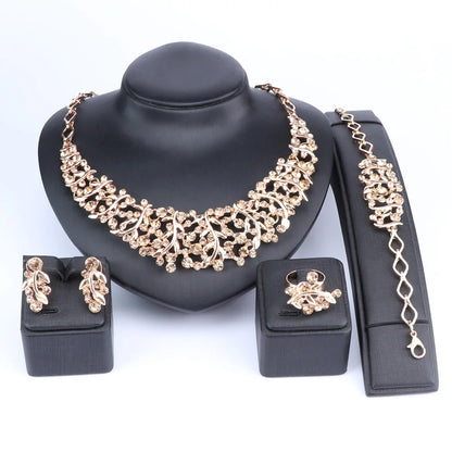 Women 4 Pcs/Set Austrian Crystal Necklace Earrings Bracelet Ring Bridal Jewelry Sets for Brides Wedding Party Costume Accessorie