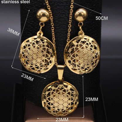 Flower of Life Stainless Steel Jewelry Set Women Hollow Gold Color Necklace Earrings Set Jewelry