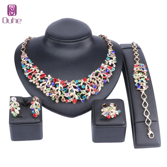 Women 4 Pcs/Set Austrian Crystal Necklace Earrings Bracelet Ring Bridal Jewelry Sets for Brides Wedding Party Costume Accessorie