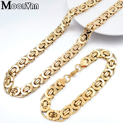 Moorvan Stainless Steel Jewelry Set Fashion Bracelet Necklace Sets 11mm Width Jewelry