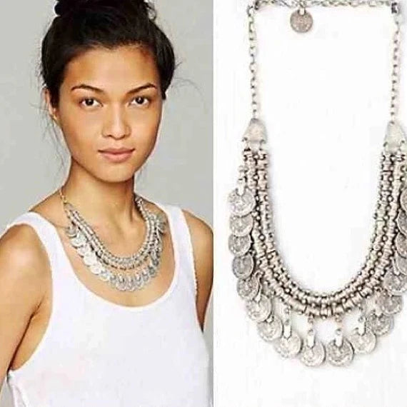 Bohemian Turkish Ethnic Metal Gypsy Beach Choker Bib Coin Tassel Collar Necklace For Women Indian Charm Turk Party Jewelry