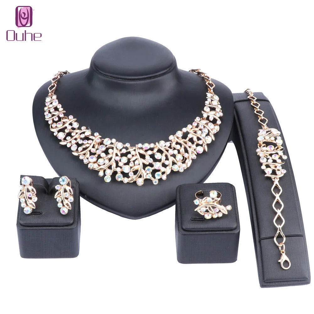 Women 4 Pcs/Set Austrian Crystal Necklace Earrings Bracelet Ring Bridal Jewelry Sets for Brides Wedding Party Costume Accessorie