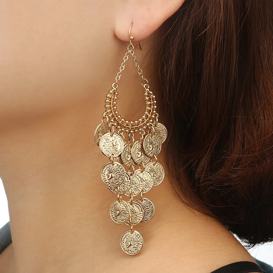 Docona Gypsy Gold Color Hollow Leaf Coin Pendant Earrings for Women Metal Long Tassel Drop Dangle Earring Pendientes 6643