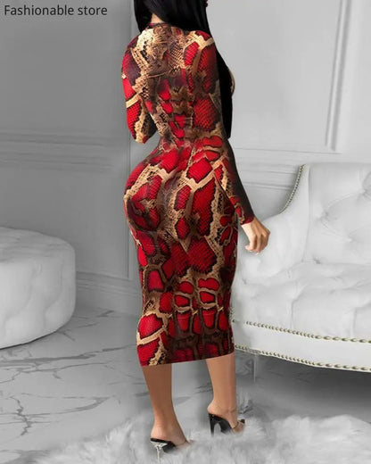 Women Fashion Elegant Beautiful Snakeskin Long Sleeve Skinny Midi Dress