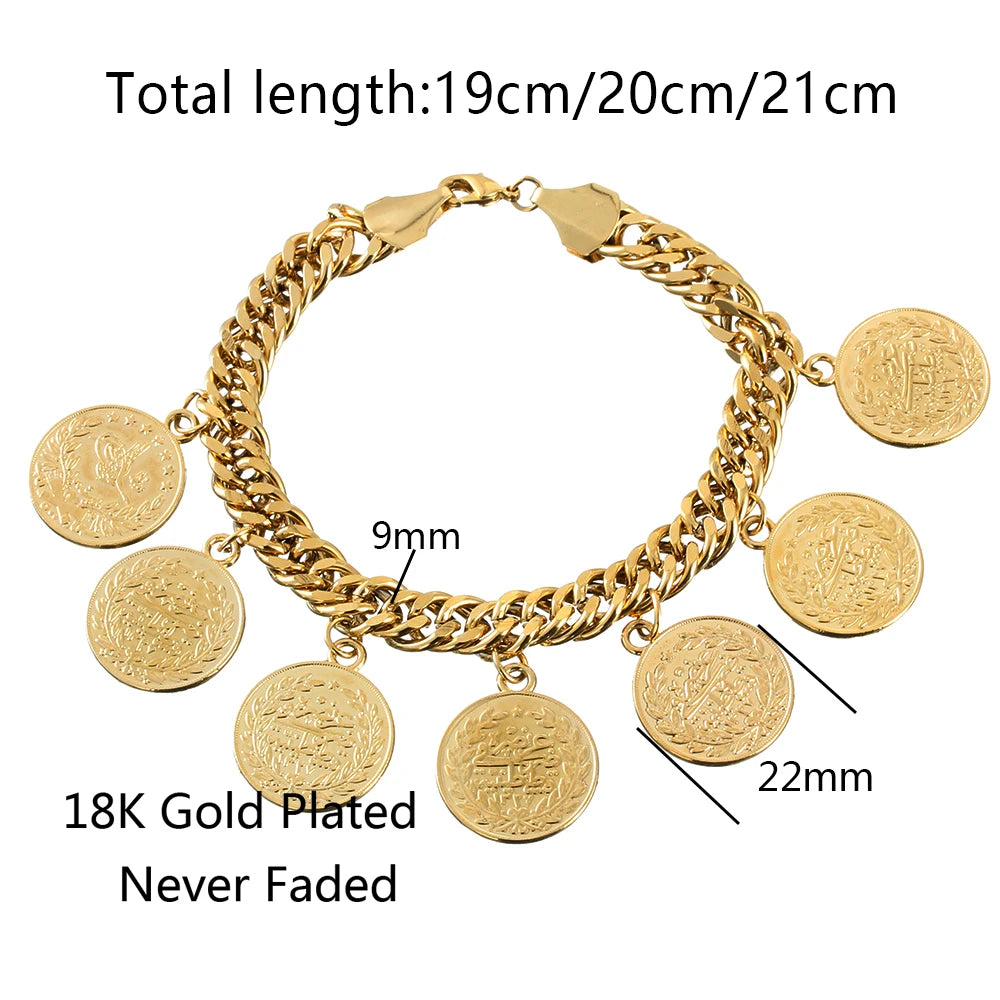 Turkish Couple Round Coin Bracelet Golden  Bracelet 21cm Fashion Charm Jewelry for Ocassions