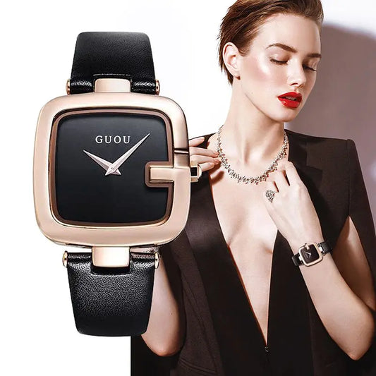 Guou Top Brand Women's Watches  Square Fashion Luxury Ladies Bracelet For Women Leather Strap Watch