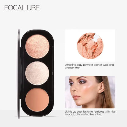 FOCALLURE 3 In 1 Makeup Palette Blush&Highlighter Face Matte Highlighter Powder Illuminated Bronzer Blusher Powder