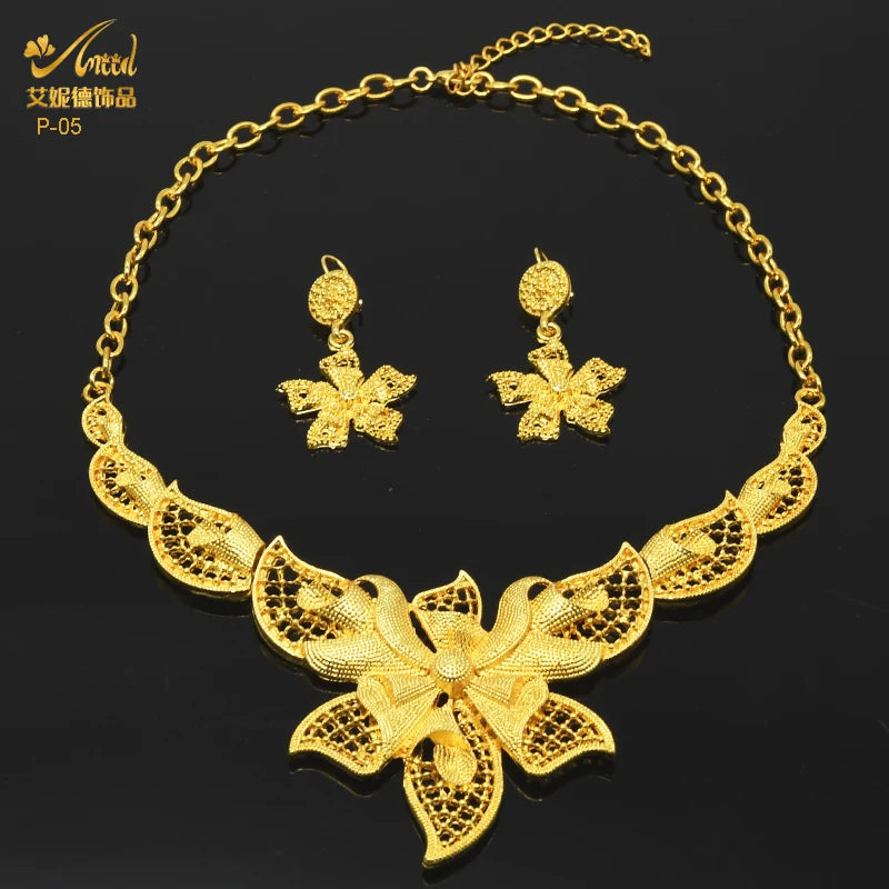 ANIID Indian Gold Plated Jewelry Set For Women African Bridal 24K Gold Color Necklace Earrings Set Dubai Nigerian Wedding Wholesale