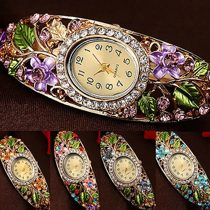 Quartz Watch Bangle Dress Watch Vintage Faux Crystal Alloy Pretty Floral Pattern Bracelet Watch for Casual