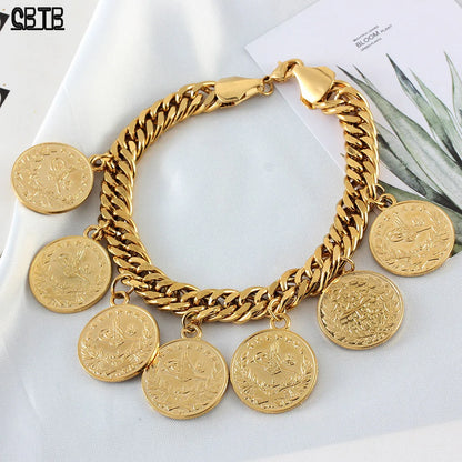 Turkish Couple Round Coin Bracelet Golden  Bracelet 21cm Fashion Charm Jewelry for Ocassions