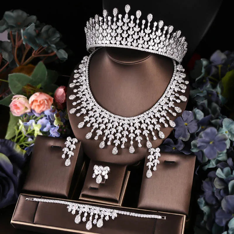 Janekelly 4pcs Bridal Zirconia Full Jewelry Sets For Women Party, Luxury Dubai CZ Crystal Wedding necklace sets