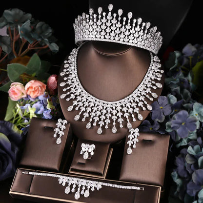 Janekelly 4pcs Bridal Zirconia Full Jewelry Sets For Women Party, Luxury Dubai CZ Crystal Wedding necklace sets