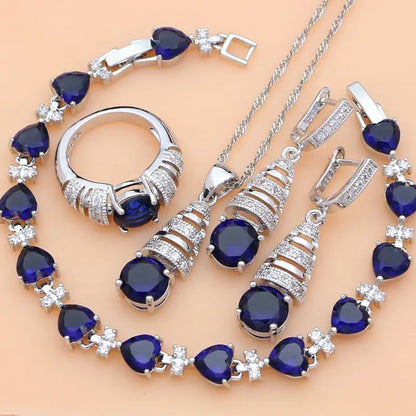 Silver 925 Jewelry Sets Blue Natural Sapphire White Topaz Costume Jewelry Kits Indian Jewelry for Women Necklace Set