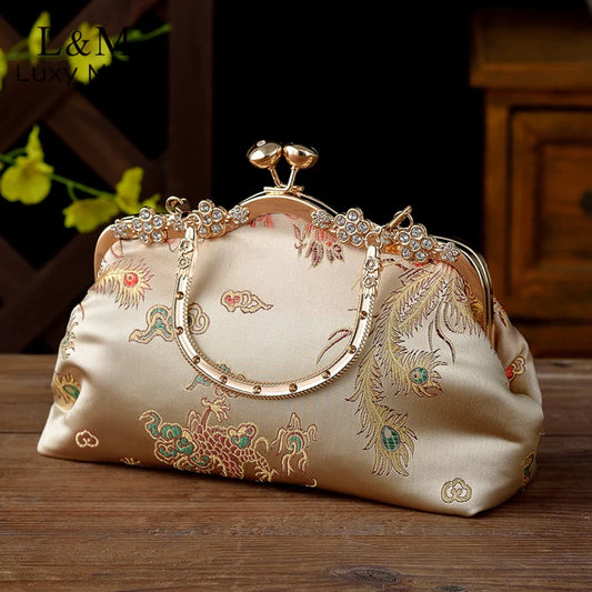 Vintage Embroidery Clutch Handbag Women Solid Satin Diamond Evening Bag Elegant Female Purse