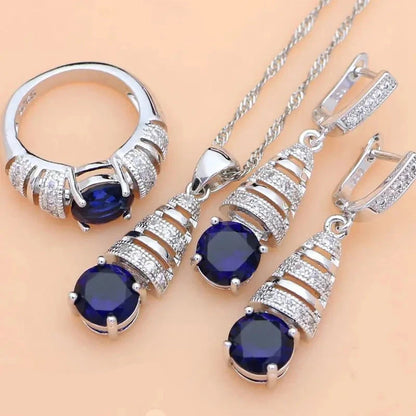 Silver 925 Jewelry Sets Blue Natural Sapphire White Topaz Costume Jewelry Kits Indian Jewelry for Women Necklace Set