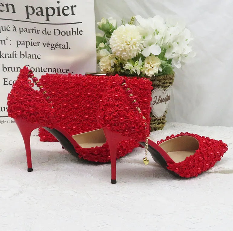 Red Pearl Flower Wedding Shoes With Matching Bags High Heels Pointed Toe Ankle Strap Ladies Party shoe and bag set