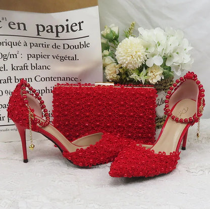 Red Pearl Flower Wedding Shoes With Matching Bags High Heels Pointed Toe Ankle Strap Ladies Party shoe and bag set