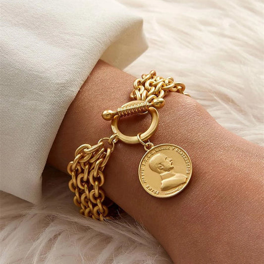 FLASHBUY Gold Color Chain Bracelets For Women Vintage Metal Portrait Coin Alloy Bracelets Fashion Jewelry