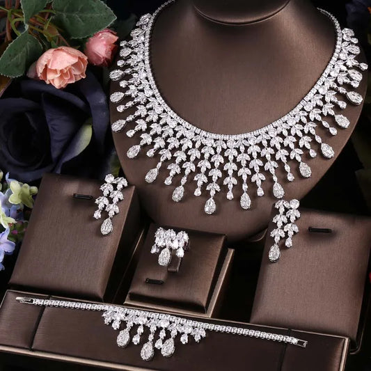 Janekelly 4pcs Bridal Zirconia Full Jewelry Sets For Women Party, Luxury Dubai CZ Crystal Wedding necklace sets