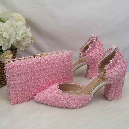 Lovein Crystal  Pink Pearl Flower Wedding Shoes With Matching Bags High Heels Pointed Toe Ankle Strap Ladies Party shoe and bag set