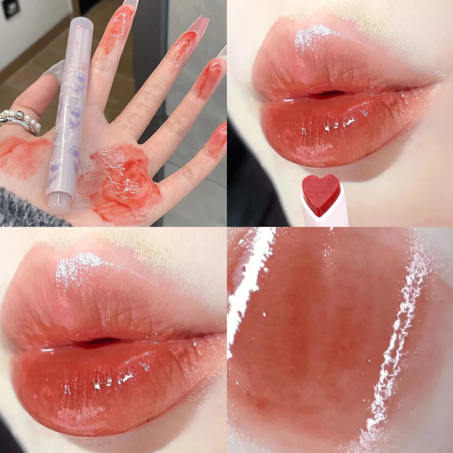 Water-light Lip Glaze Mirror Glitter Lip Tint Long Lasting Moisturising Love Heart Shape Solid Lipstick Pen Lips Makeup Cosmetic