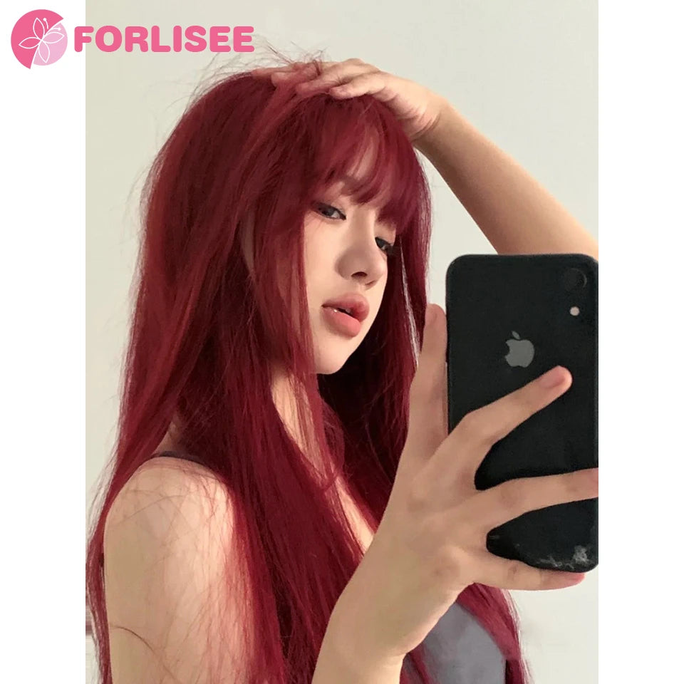 FORLISEE Synthetic Rose Wine Red Long Straight Hair With Bangs Wig Matte High-temperature Silk Breathable And Natural In Summer