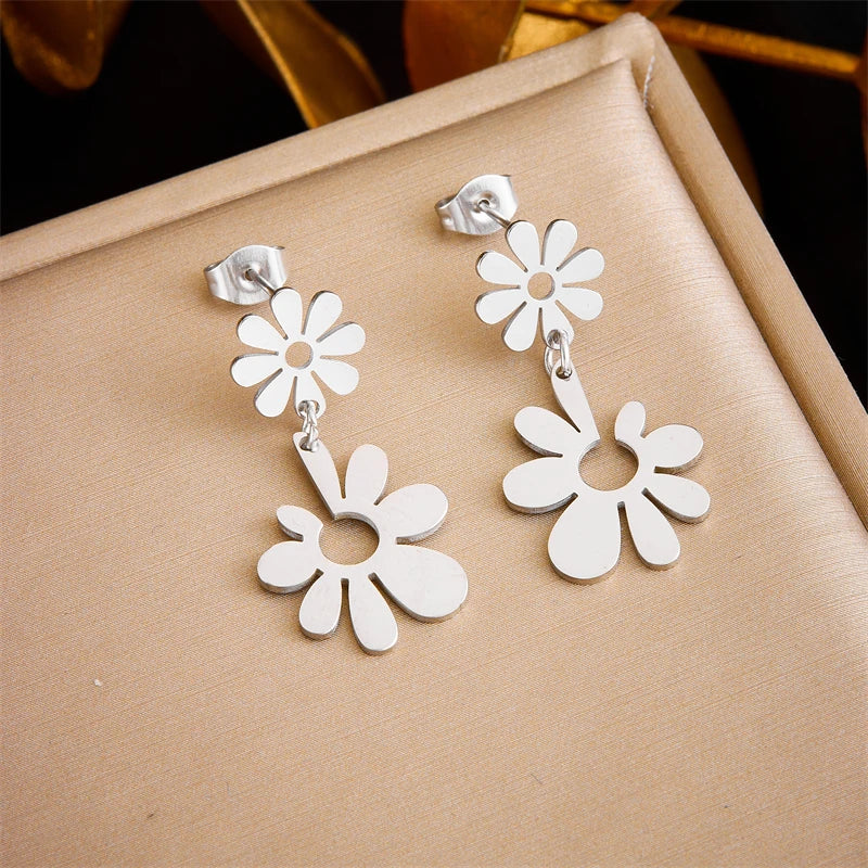 DIEYURO 316L Stainless Steel Snake Flower Round Drop Earrings For Women Fashion 2-Color Ear Jewelry Holiday