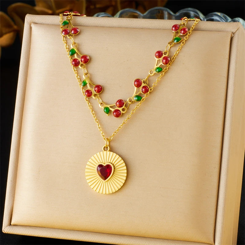 DIEYURO 316L Stainless Steel cherry Circular Inlaid Red Heart Zircon Double-layer Necklace WomensTrend Neck Chain Jewelry Gift