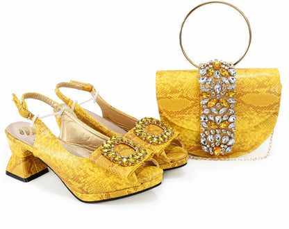 Autumn New Design Specials Italian Women Shoes and Bag Set Comfortable Mid Heels With Rhinestone in Yellow Color