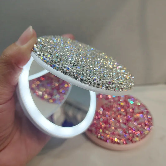 Makeup Mirror LED Chargeable Luxury Crystal Shiny Round Portable Princess Mirror Beauty Two-side Fold Small Tool for Girl Gifts