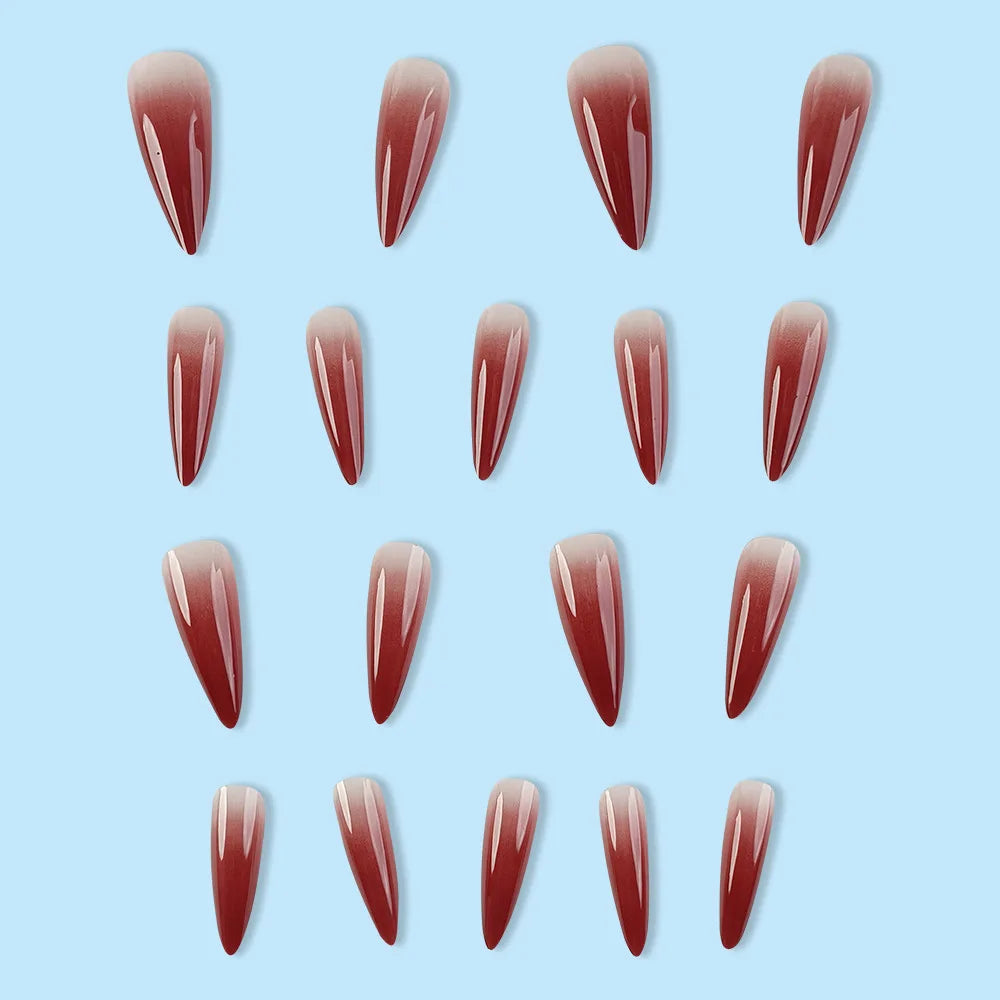 Wine Red Fake Nail Tips Long Pointed Head Glossy Press on Nails Wearable Full Cover INS Gradient Color False Nail Tips 24pcs