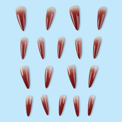 Wine Red Fake Nail Tips Long Pointed Head Glossy Press on Nails Wearable Full Cover INS Gradient Color False Nail Tips 24pcs