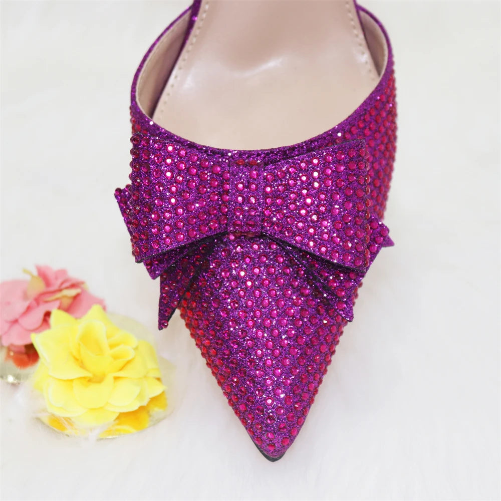 New Arrivals Special Design Purple Color African Women Shoes and Bag Set Pointed Toe Pumps for Wedding Party