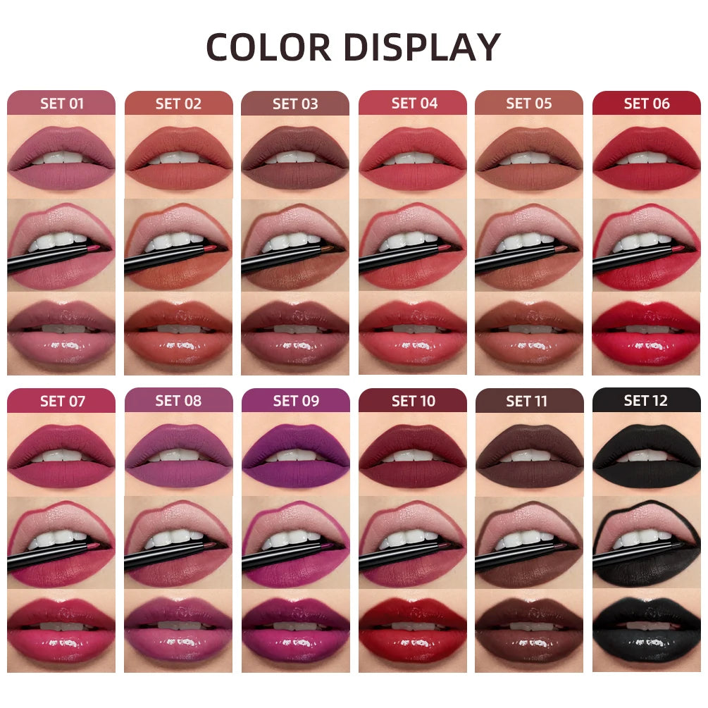 New 3pcs/set Liquid Lipstick Lip Liner Long Lasting Cosmetic Black Brown Purple Red Matte Lip Gloss Nude Lip Tint Stain Makeup