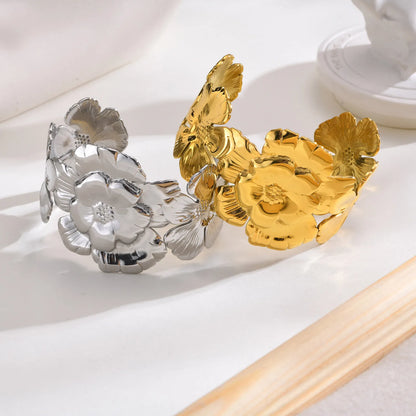 Stainless Steel Cuff Bracelet,Exquisite Classic Flower Pattern Openning Bangles Bracelet for Women,Exaggerate Hand Ornament