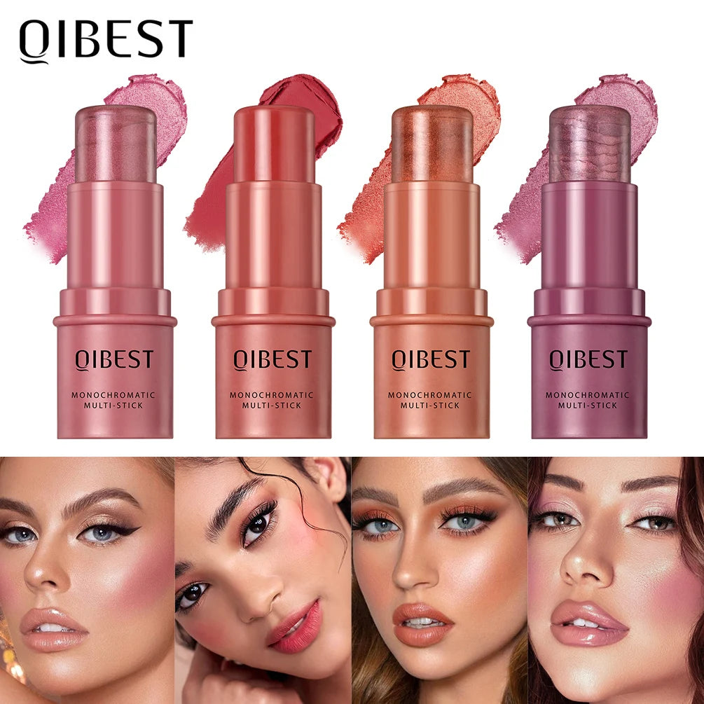 QIBEST Blush Stick Cream Waterproof Lightweight Face Blusher Matte Natural Eyes Cheek And Lip Tint Rouge Muli-Use Makeup Stick