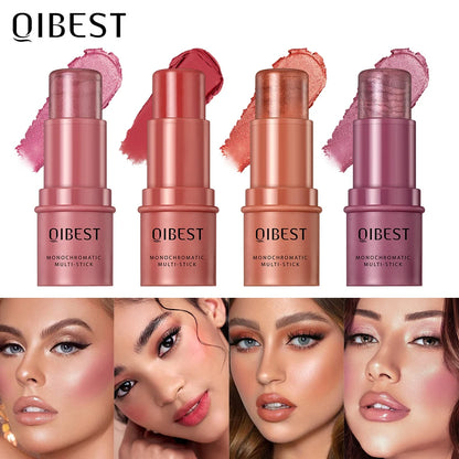 QIBEST Blush Stick Cream Waterproof Lightweight Face Blusher Matte Natural Eyes Cheek And Lip Tint Rouge Muli-Use Makeup Stick