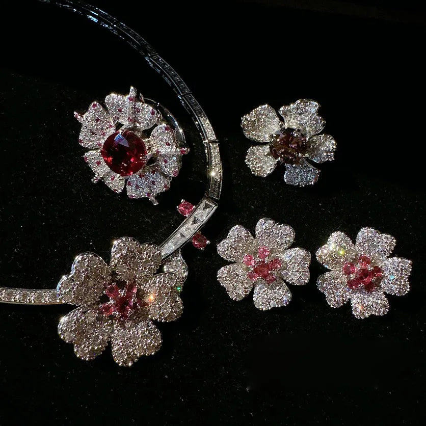 Women Papalacha Flower Gem Necklace Plated with 18K Peach Zircon Ring