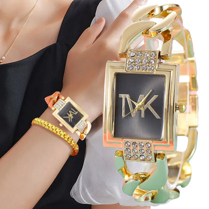 Luxury Gold Ladies Brand Watch Fashion Square With Diamonds Simple Women Quartz Watches Stainless Steel Strap Dress Clock