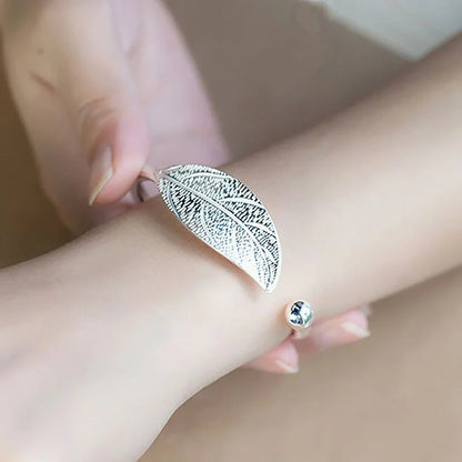 Fashion 925 Sterling Silver Woman Cuff Bracelet Open Leaf Shaped Adjustable Charm Bangle Girls Party Jewelry Christmas